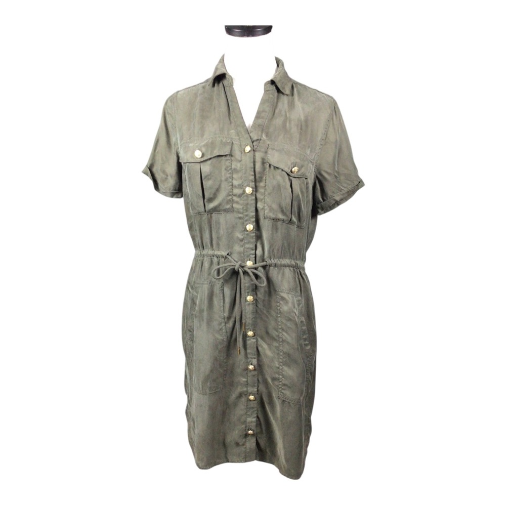 Holland Cooper Military Shirt Dress UK Sz10US6 Goldtone Button Pocket Army Green